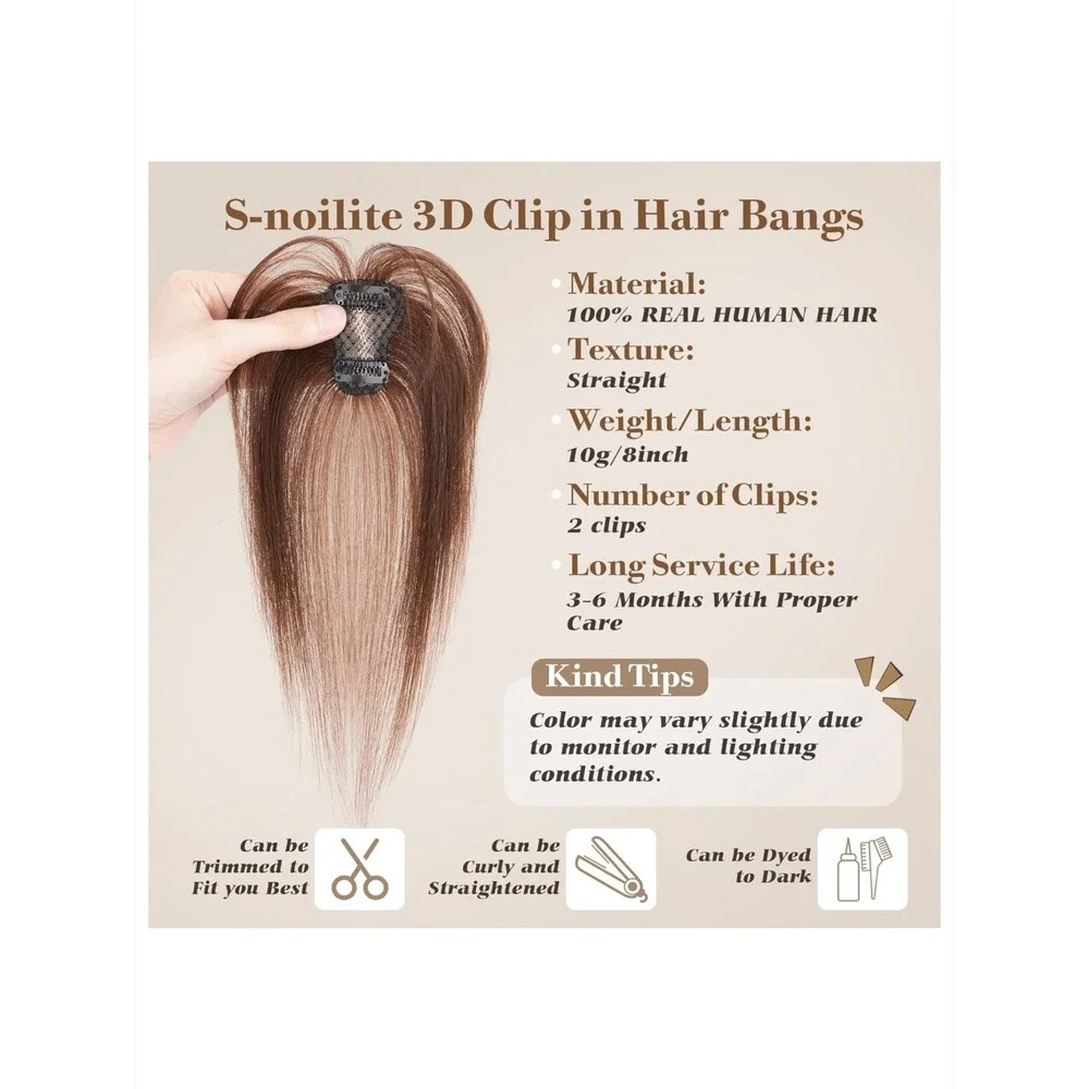 S-noilite Clip in Bangs 100% Real Human Hair 3D Air Bangs Dark Brown Natural
